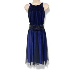 JS Boutique New Black Mesh Dress Purple Lining‎ Beaded Waist Size 14 Evening